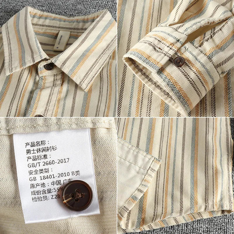 Man wearing a vintage-inspired apricot and brown striped casual shirt with a loose, Japanese retro fit.