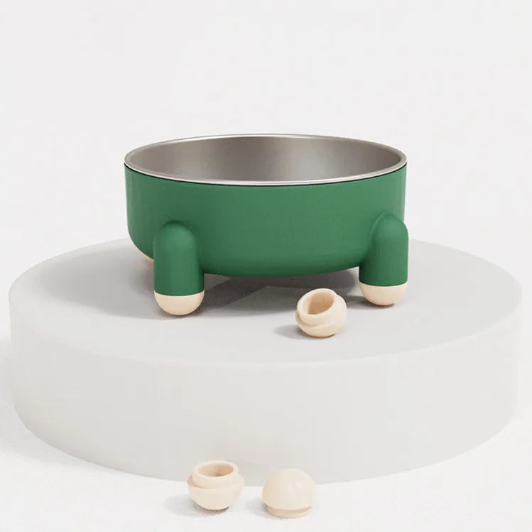 Green stainless steel raised pet bowl with anti-slip high-foot base for dogs and cats.