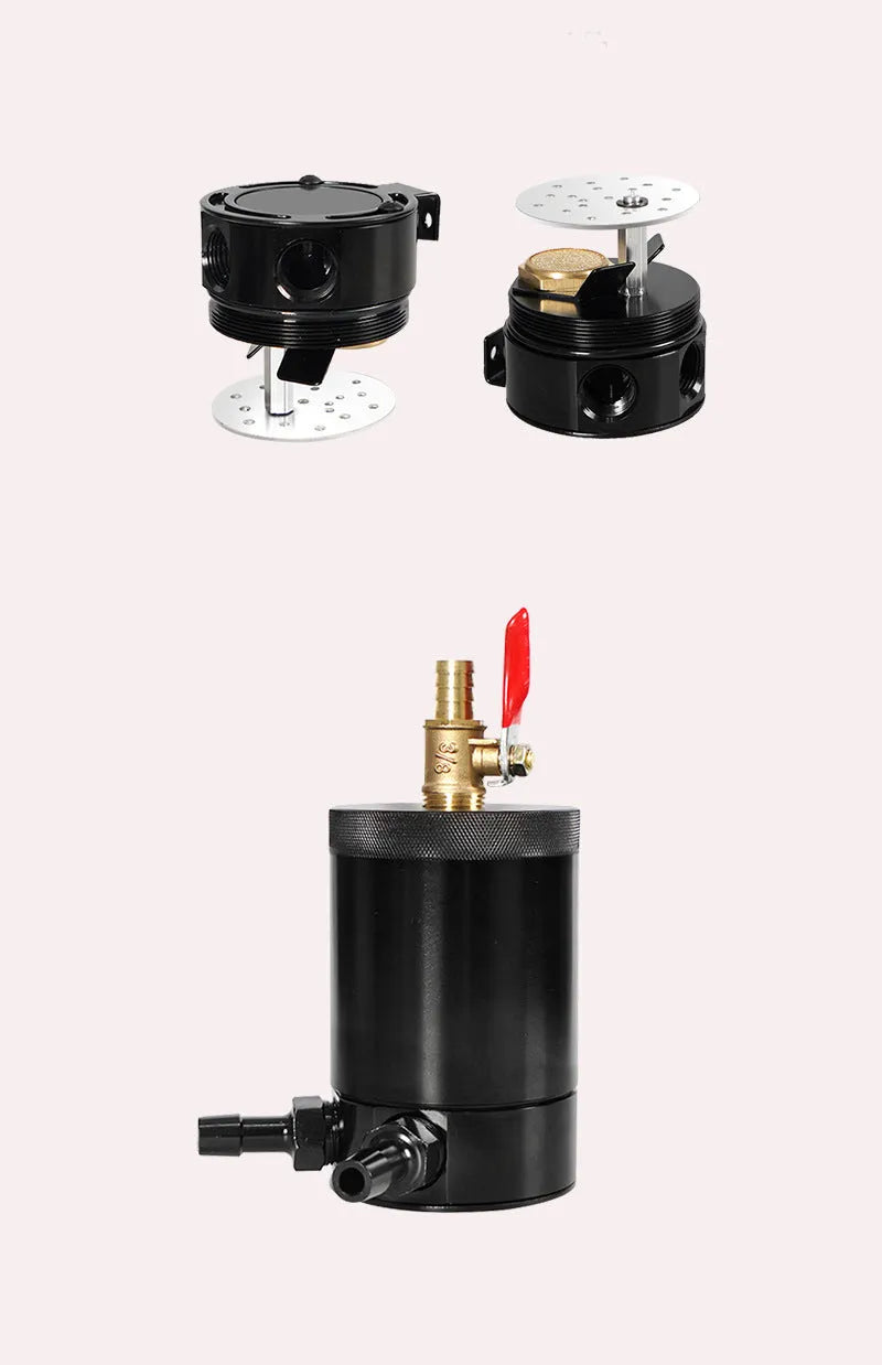 Automotive aluminium oil pot with two-hole breathable design and oil-free valve in black finish