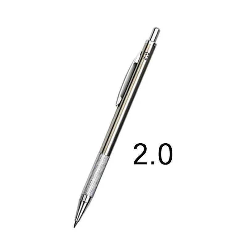 Metal automatic mechanical pencil shown with various lead size options including 0.5mm, 0.7mm, and 2.0mm.