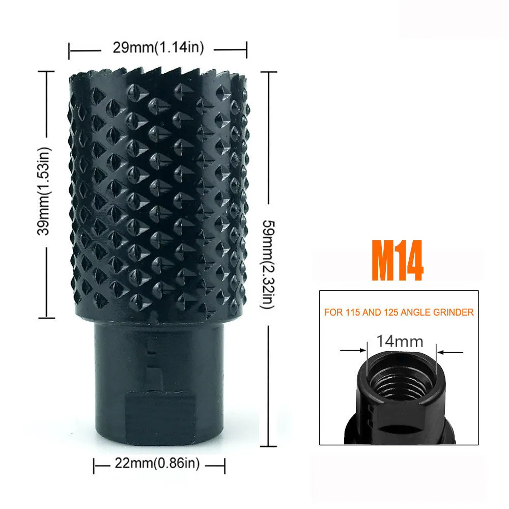 Spherical grinding head for angle grinder with M10 and M14 thread compatibility.