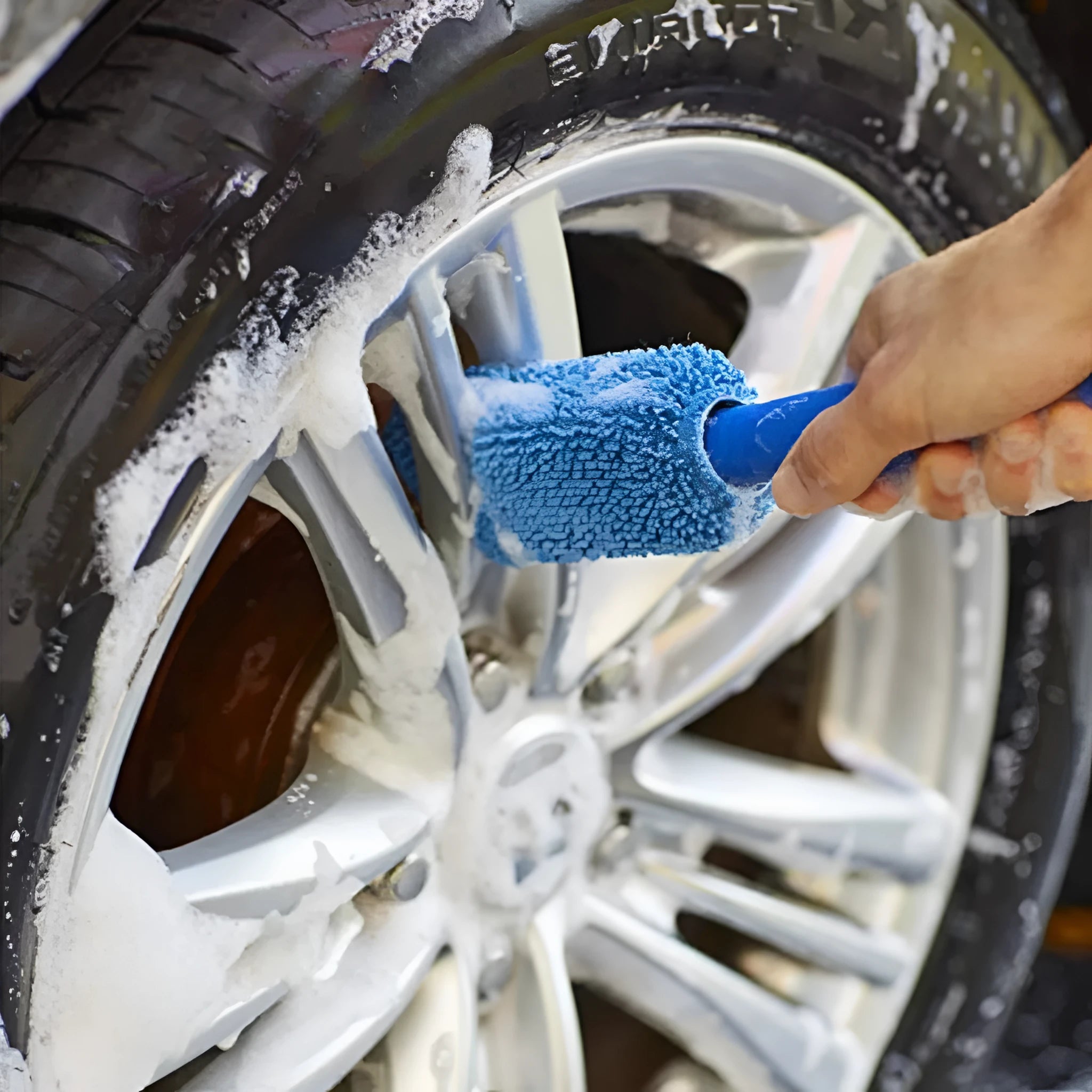 29cm long handle microfiber tyre brush for car wheel cleaning in blue colour