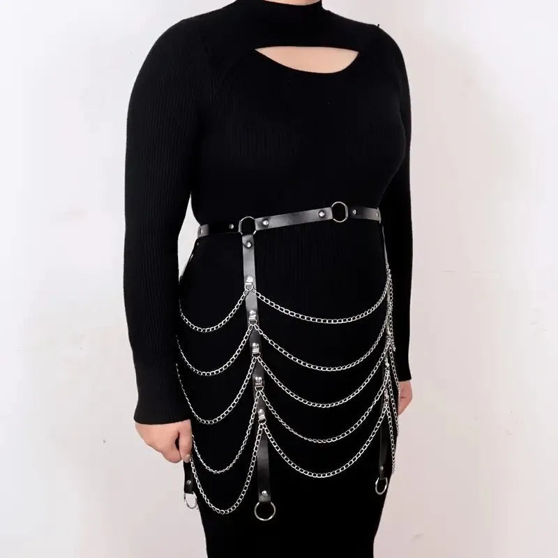 Black PU leather waist chain with bandage binding chain design for women's alternative fashion