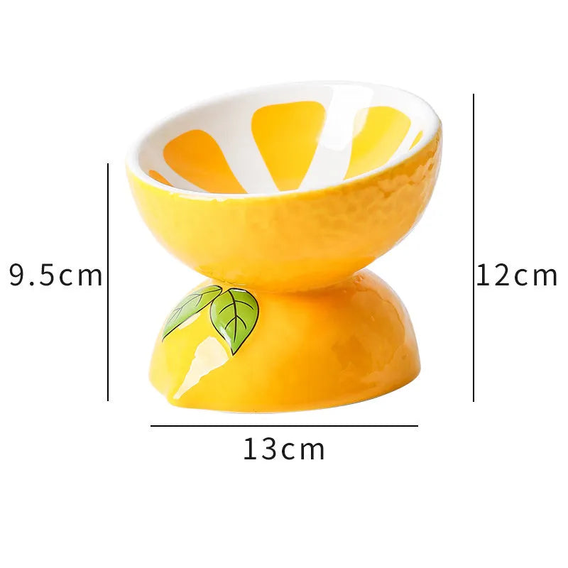 Ceramic elevated cat bowl in orange, pitaya, or watermelon pattern with a tilted, wide design.