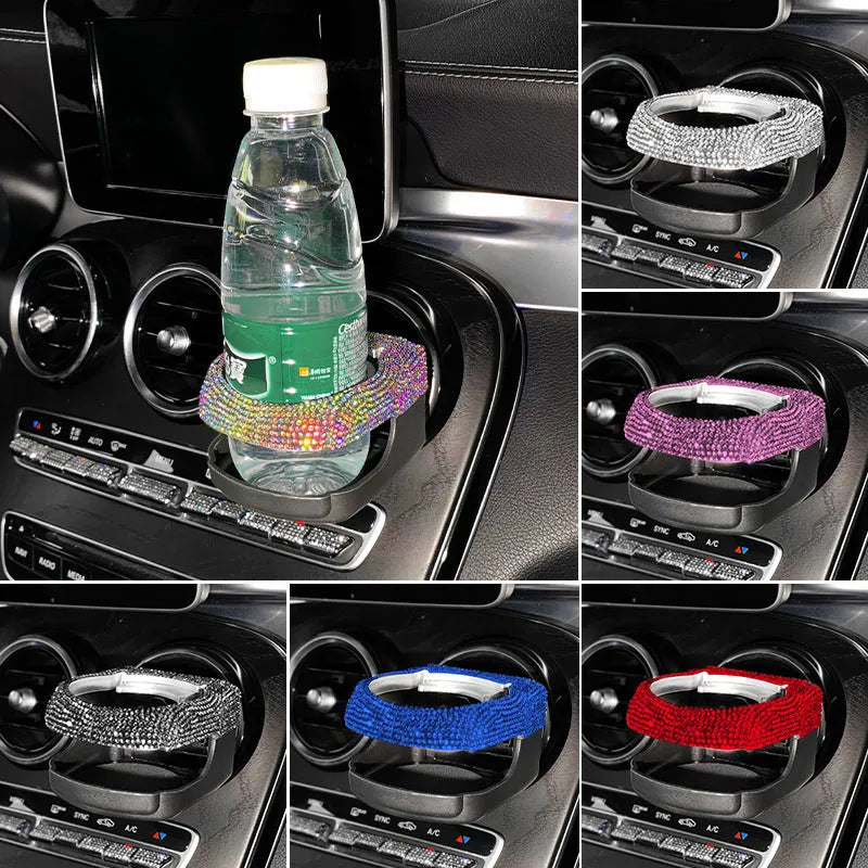 Rhinestone decorated car water cup bracket mounted in air vent with drink holding function