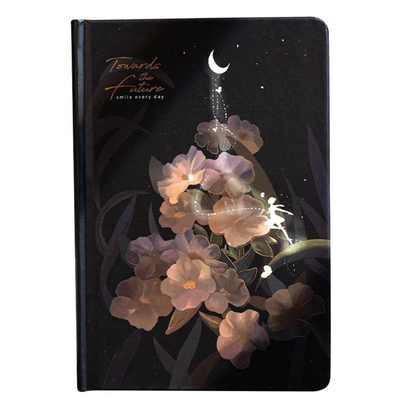 A5 notebook with luminous cover open to show colour illustrated pages, available in four colours.