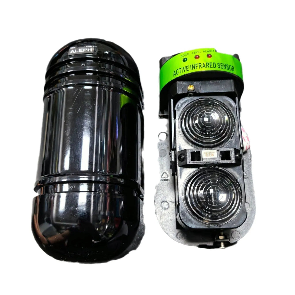 Black 2-beam infrared anti-theft alarm detector for warehouse and perimeter security with 150m range
