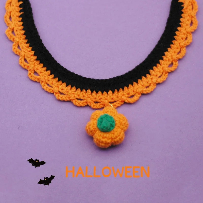 Hand-crocheted wool Halloween collar for pets in pumpkin colours with adjustable sizing