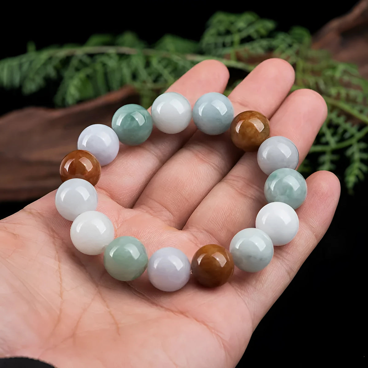 Women's Myanmar jade bracelet with 13mm three-colour round beads and certificate