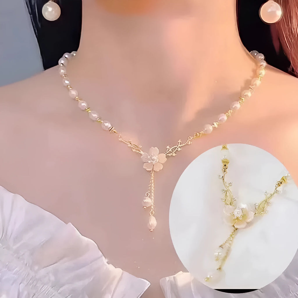 Alloy necklace with pearl chain and floral rose pendant in pearl flower colour.