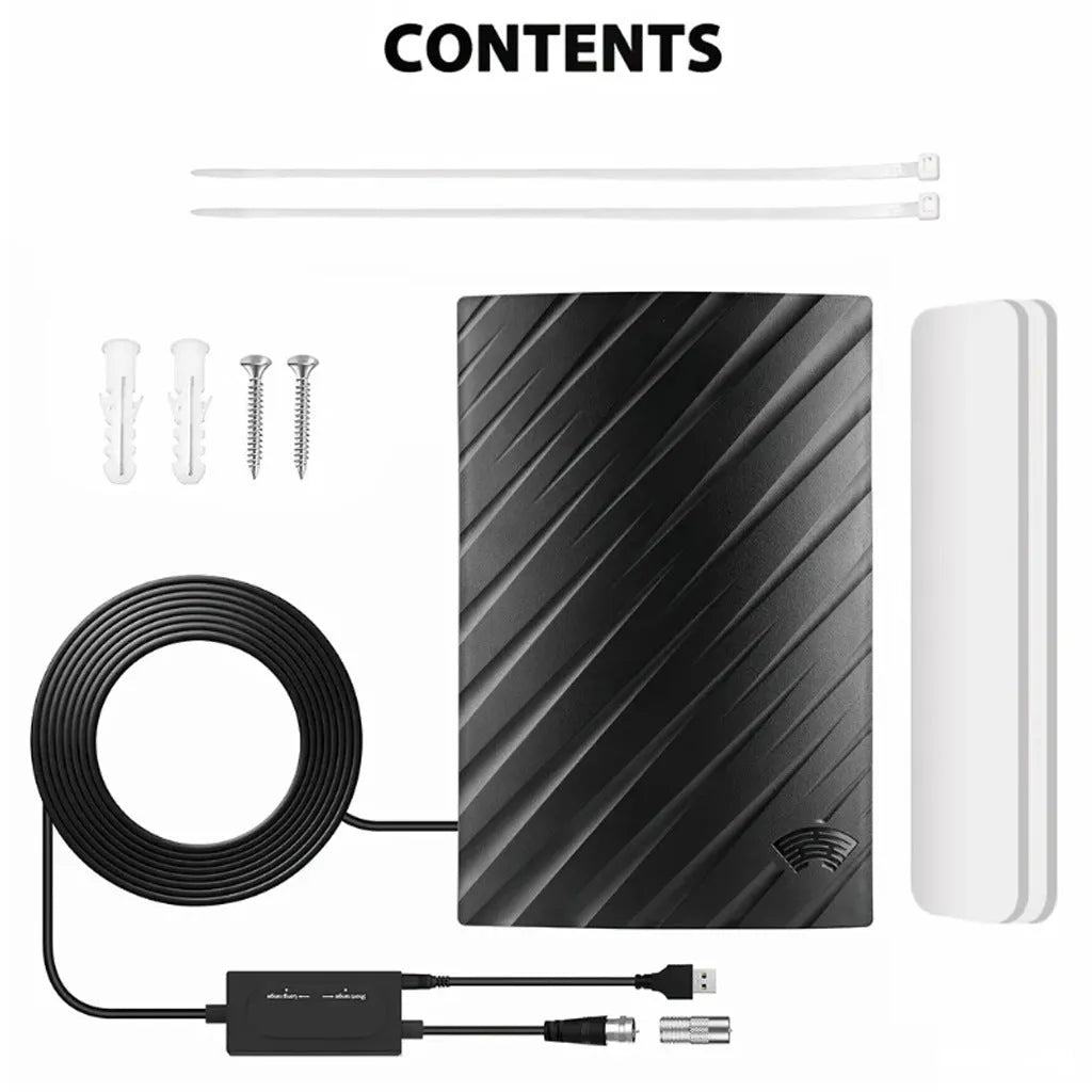 Black plastic digital television antenna with HD reception and mounting accessories