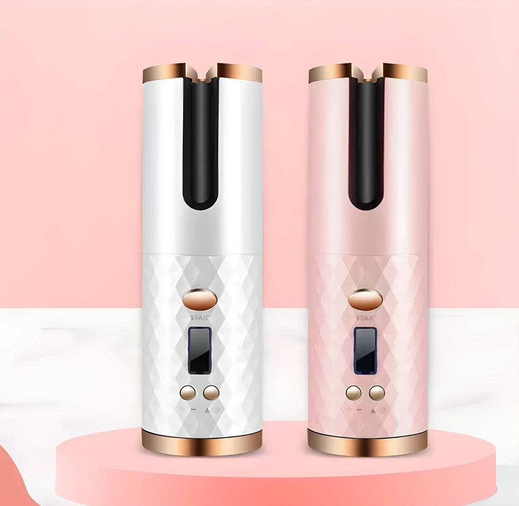 White portable curling iron with USB charging cable, gold ceramic barrel, and digital temperature display.