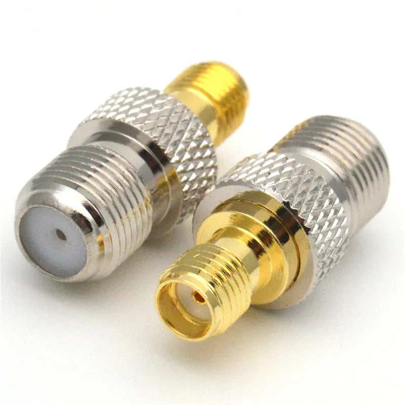 SMA female to F female coaxial RF adapter with copper contact, Teflon insulator and welded round body