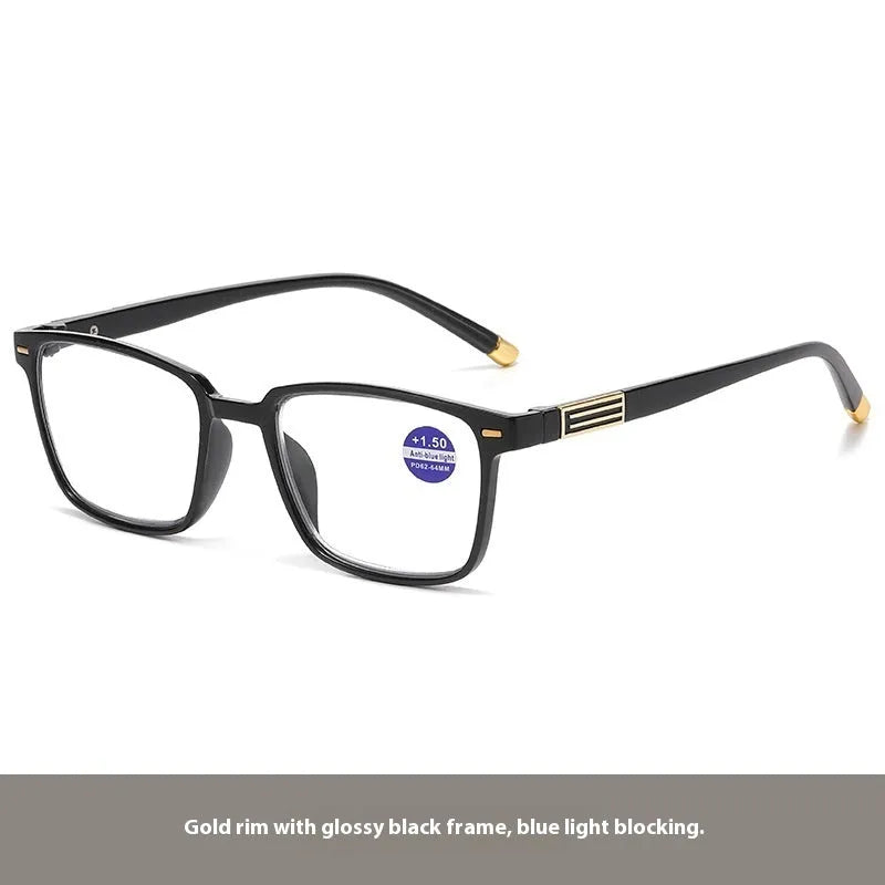 Multifocal reading glasses with color changing PC lens and black frame available in multiple degrees