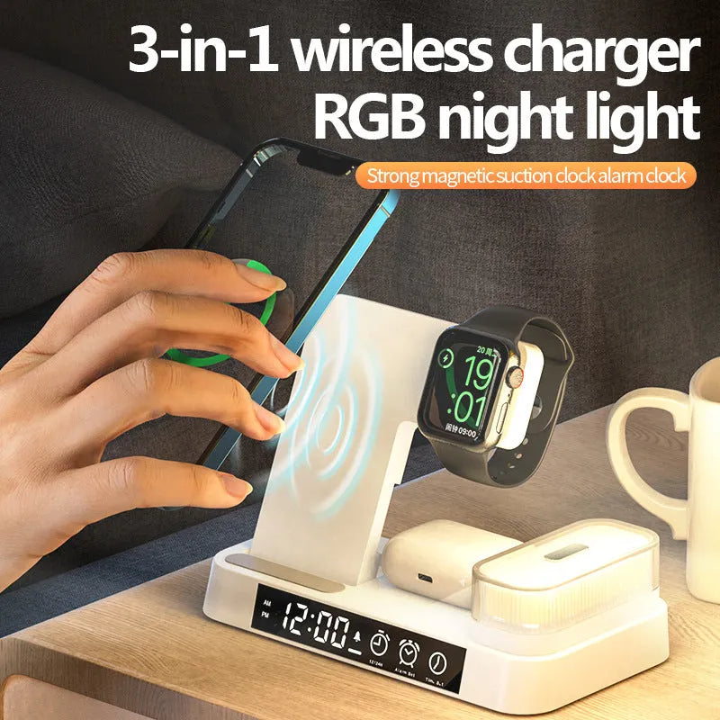 White 4-in-1 wireless charging station with foldable phone stand, alarm clock display, and RGB night light