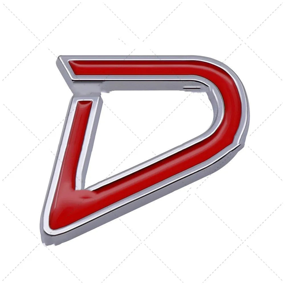 Red and silver metal SD logo car sticker for bumper modification next to a smaller D logo sticker.