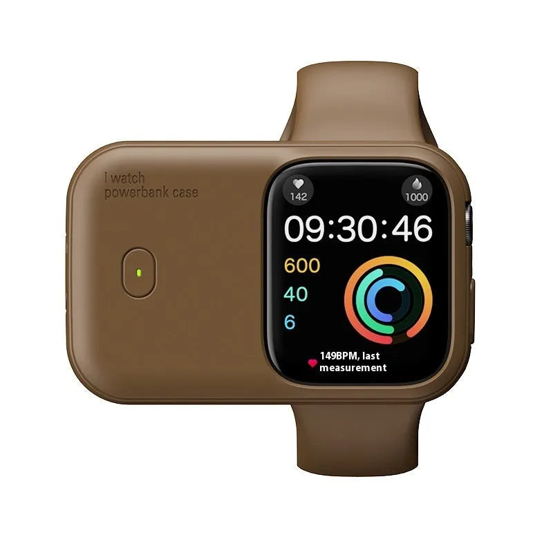 Apple Watch portable wireless charging case with silicone protective sleeve in Brown, Midnight Blue and Starlight colours.