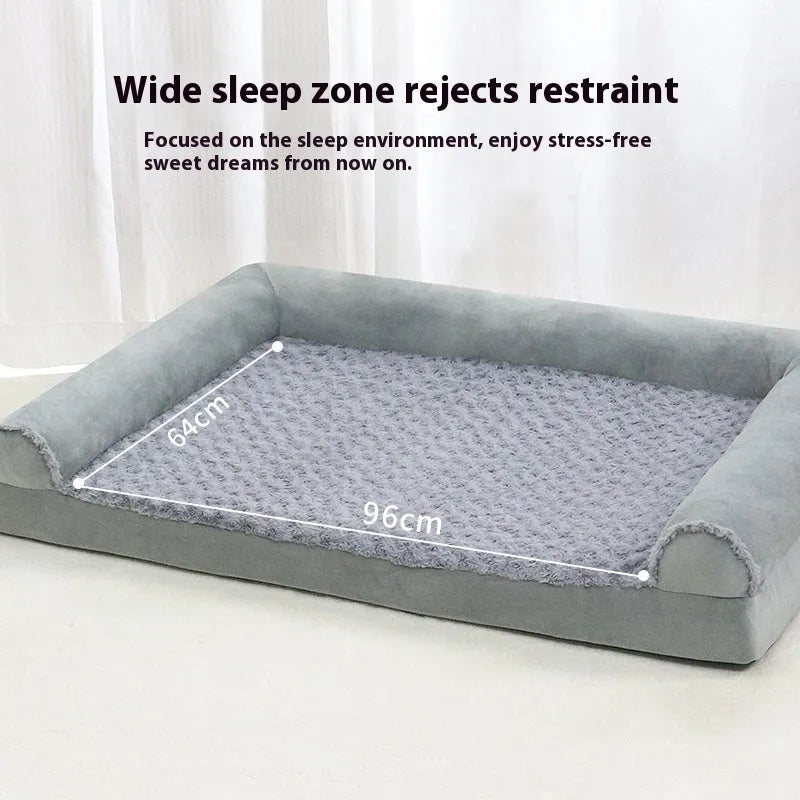 Cloth dog kennel in light grey showing removable cover and three size options for medium to large breeds