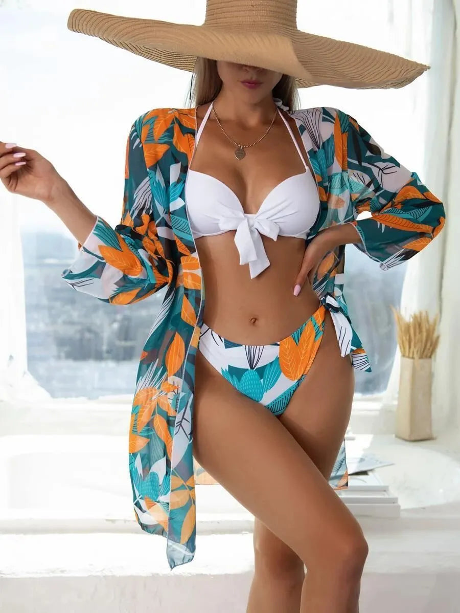 Women's three-piece mesh split bikini swimsuit set with quick-drying polyester lining