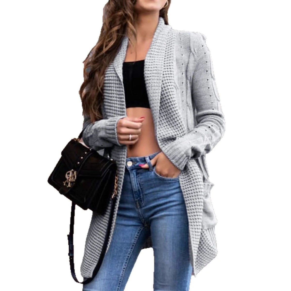 Grey women's loose cardigan coat with pockets, medium length.