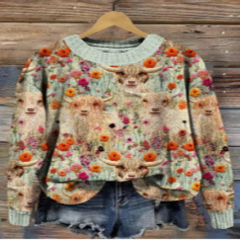 Round neck sweater with a small floral digital print pattern on the front.