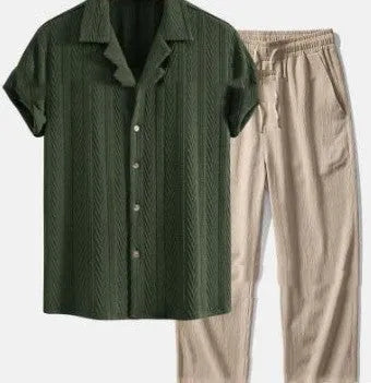 Men's milk silk summer suit set with short sleeve shirt and loose trousers