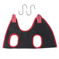 A pet grooming hammock restraint bag hanging, suitable for cats and small dogs.