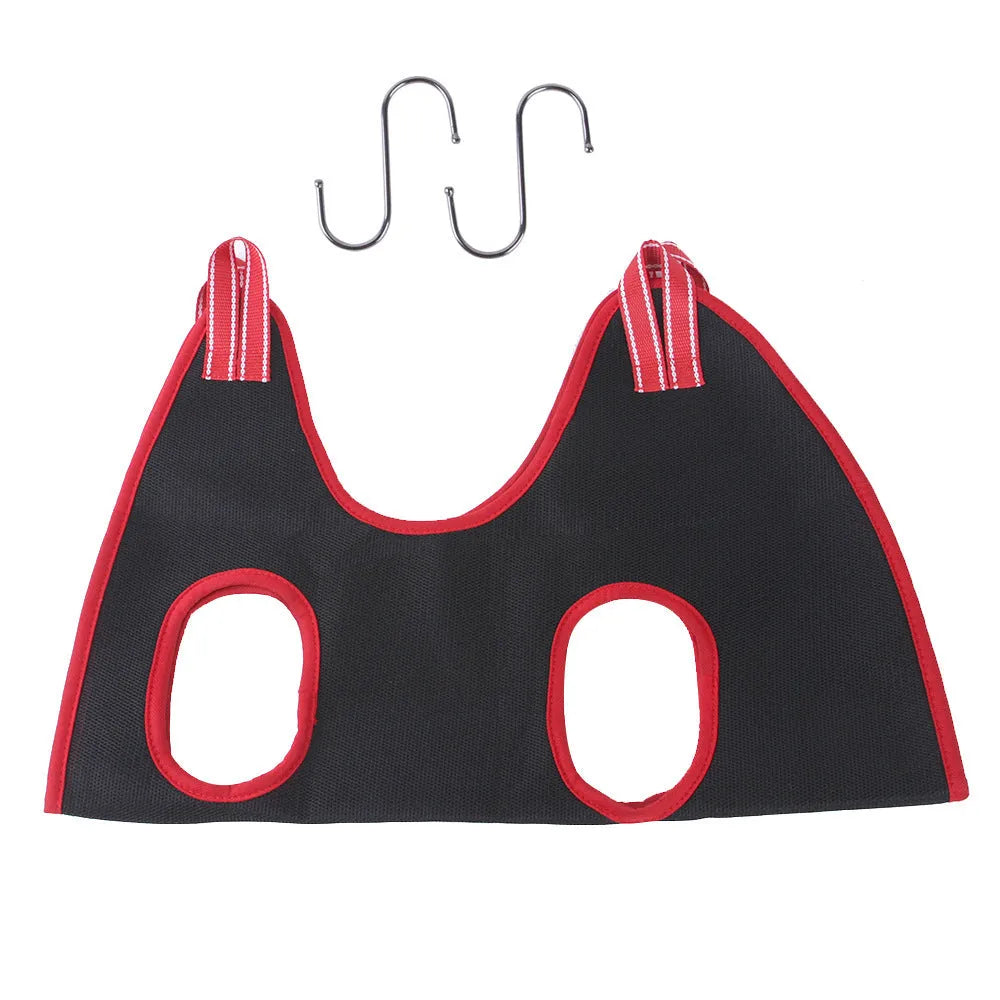 A pet grooming hammock restraint bag hanging, suitable for cats and small dogs.