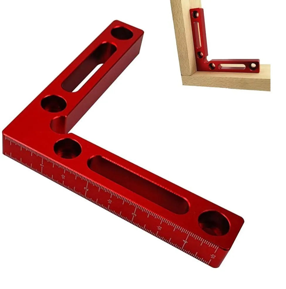 Aluminium woodworking right angle positioning block with scale markings for 90-degree jigsaw clamping