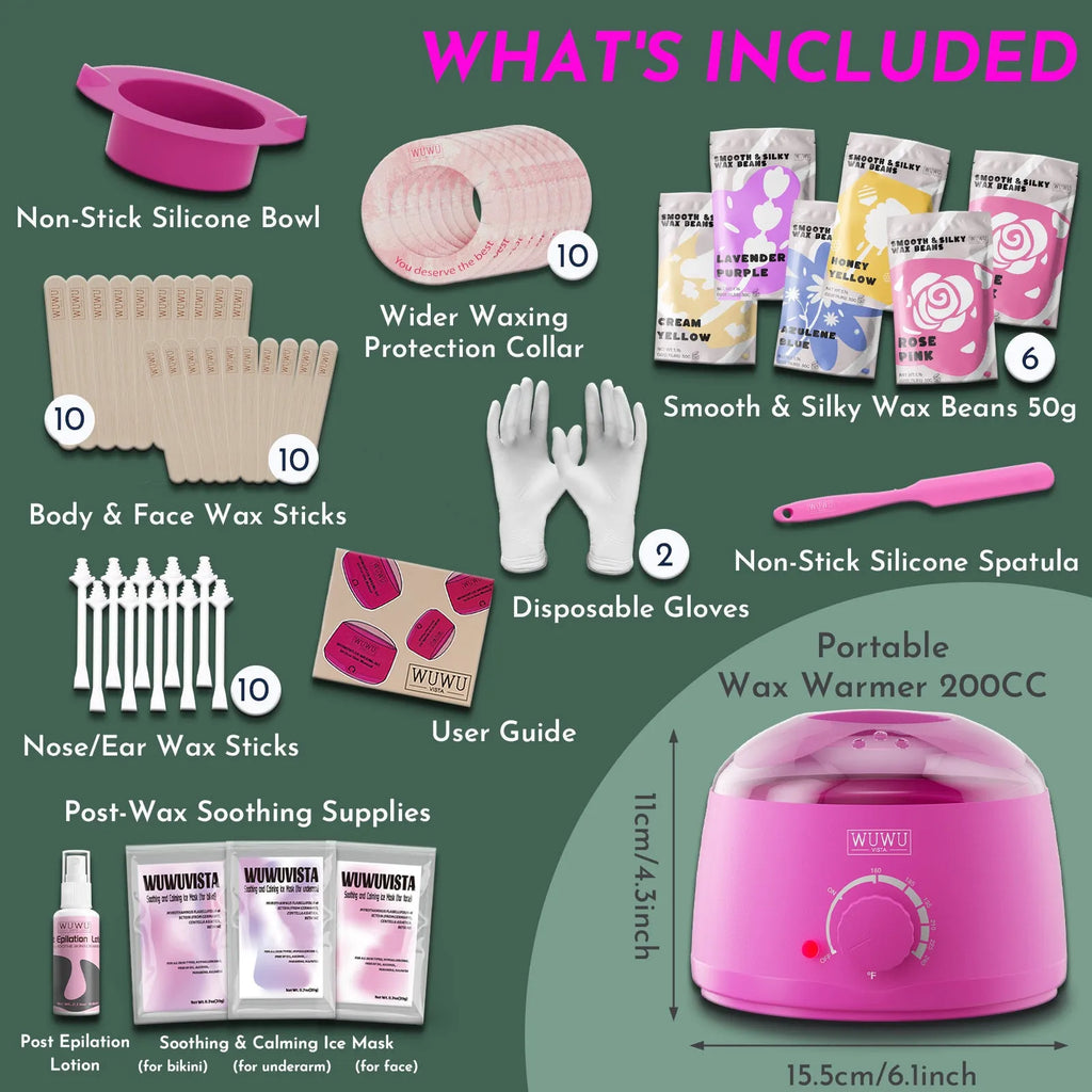 WUWUVISTA 56-piece waxing kit with wax warmer, six coloured wax bead jars, applicators and aftercare products