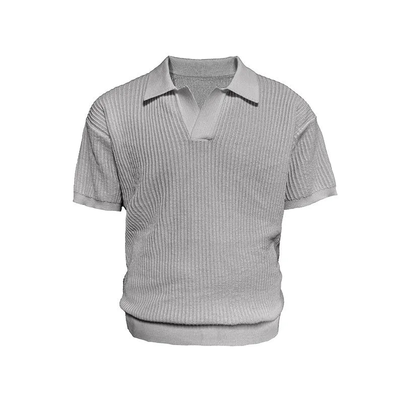 Creamy-white loose-fit polo shirt with striped collar and short sleeves, made from thin ice silk fabric.