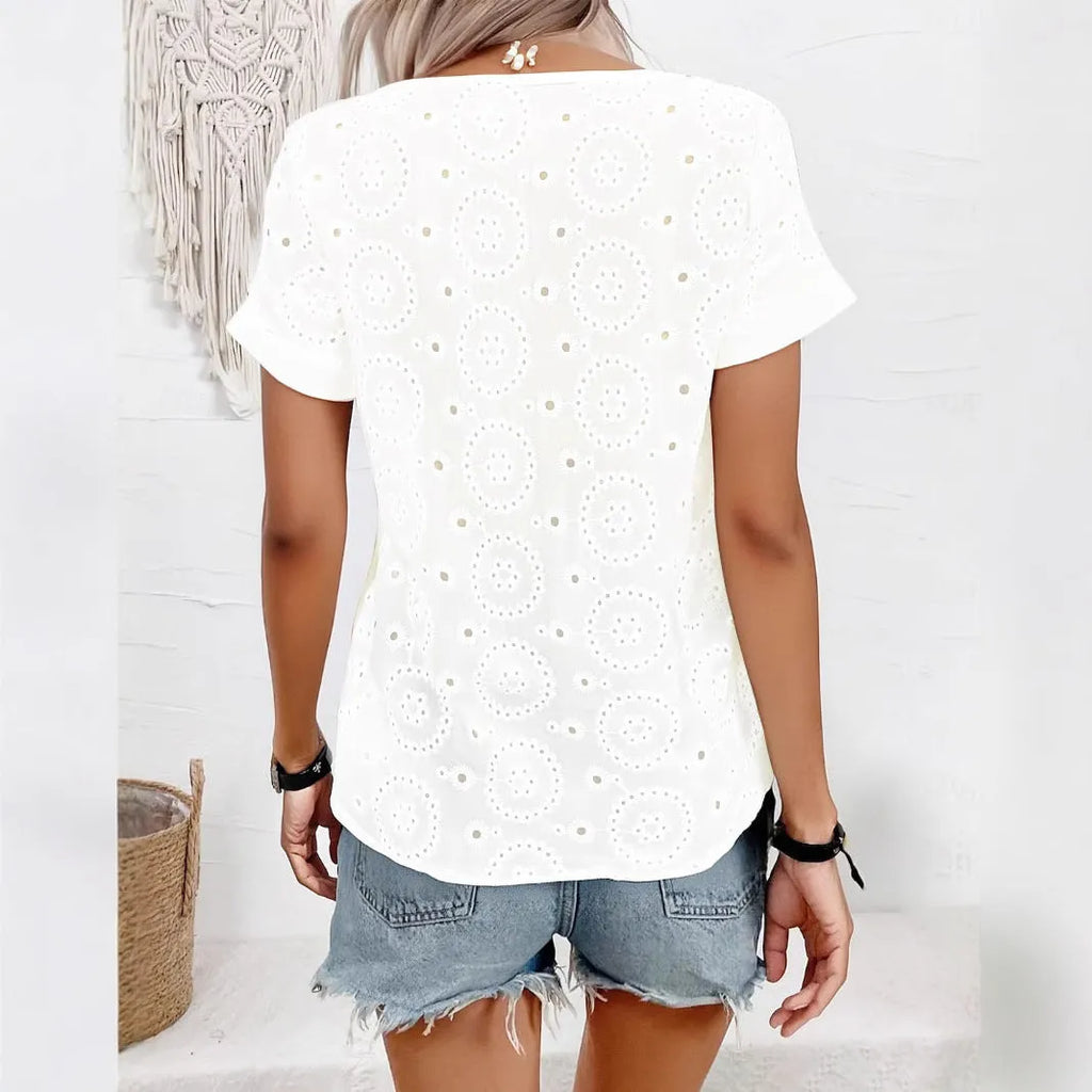 White V-neck hollow-out short sleeve T-shirt with loose casual styling