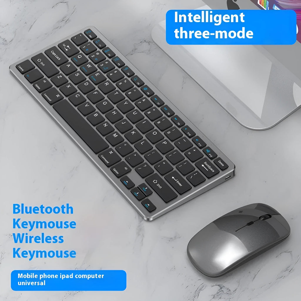 Black wireless ultra-thin keyboard and mouse combo with USB receiver and keyboard cover on a desk.