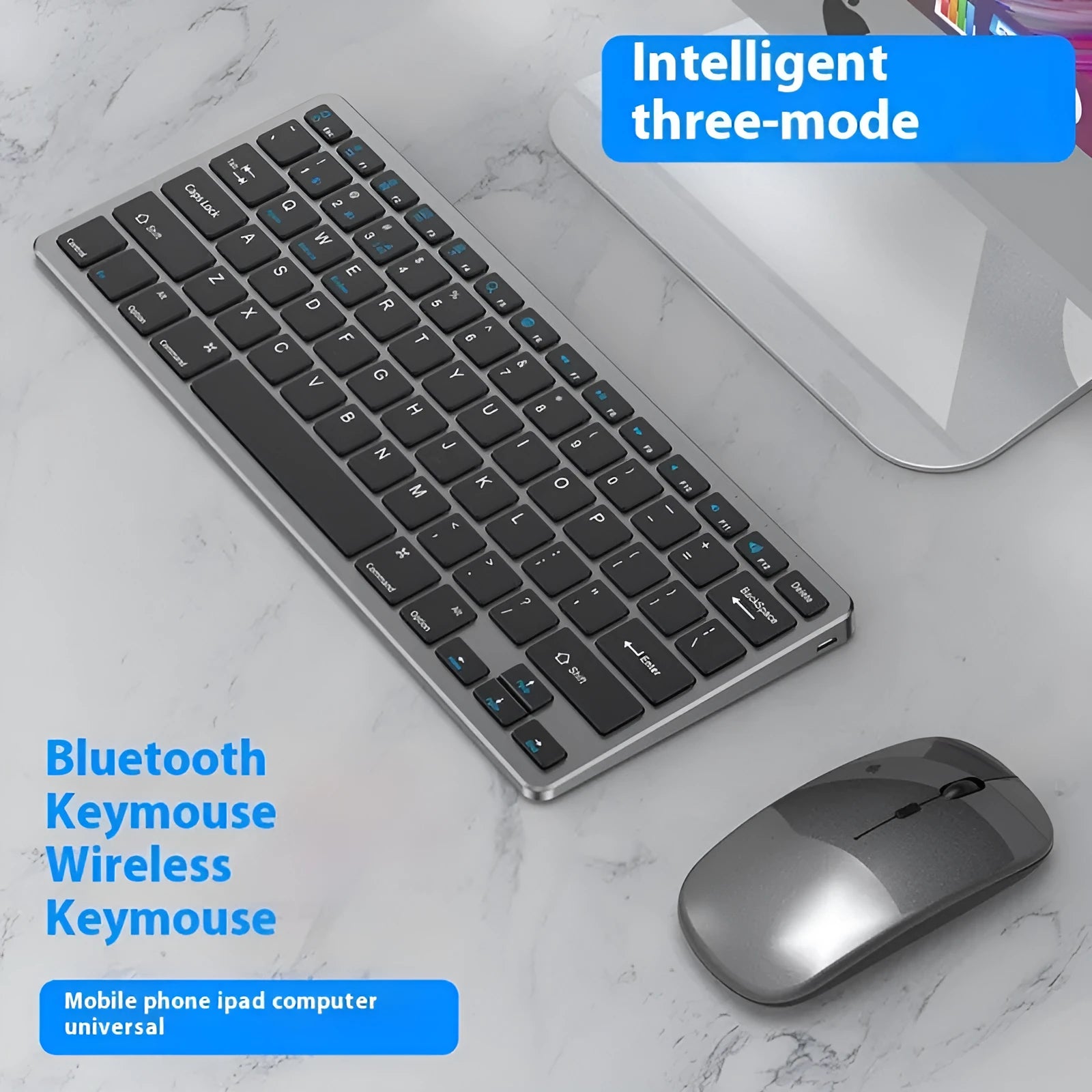 Black wireless ultra-thin keyboard and mouse combo with USB receiver and keyboard cover on a desk.
