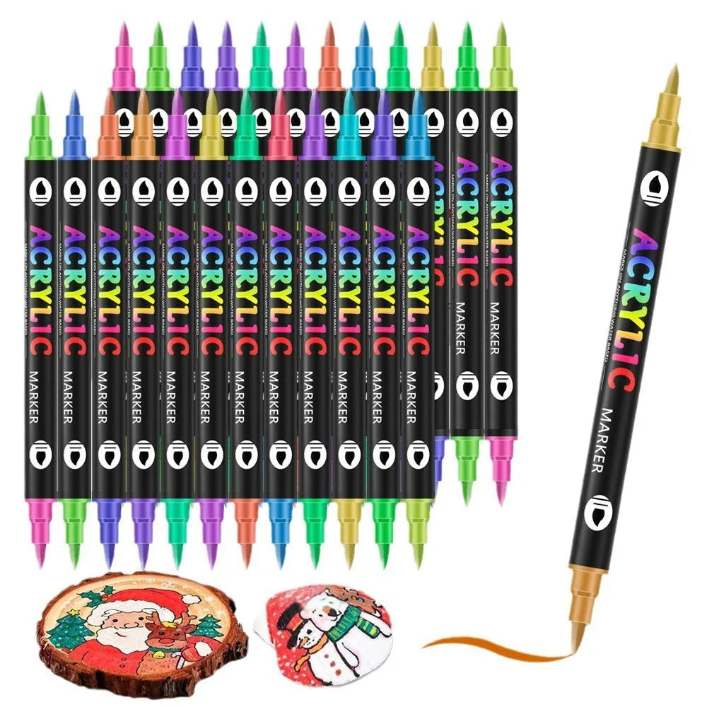 Set of double-headed acrylic marker pens with quick-drying washable opaque colours