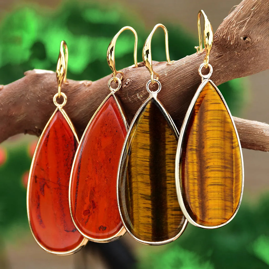 Vintage stone drop earrings with Tigereye stone and textured water droplet design
