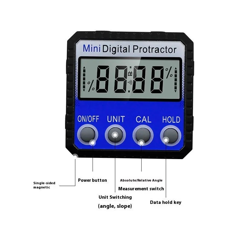 Blue digital inclinometer 52x52x28mm with magnetic base and flip design