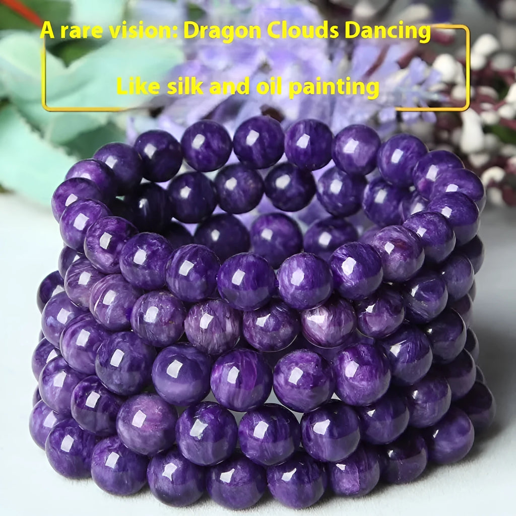 Natural transparent charoite crystal bracelet with platinum setting showing four bead size options