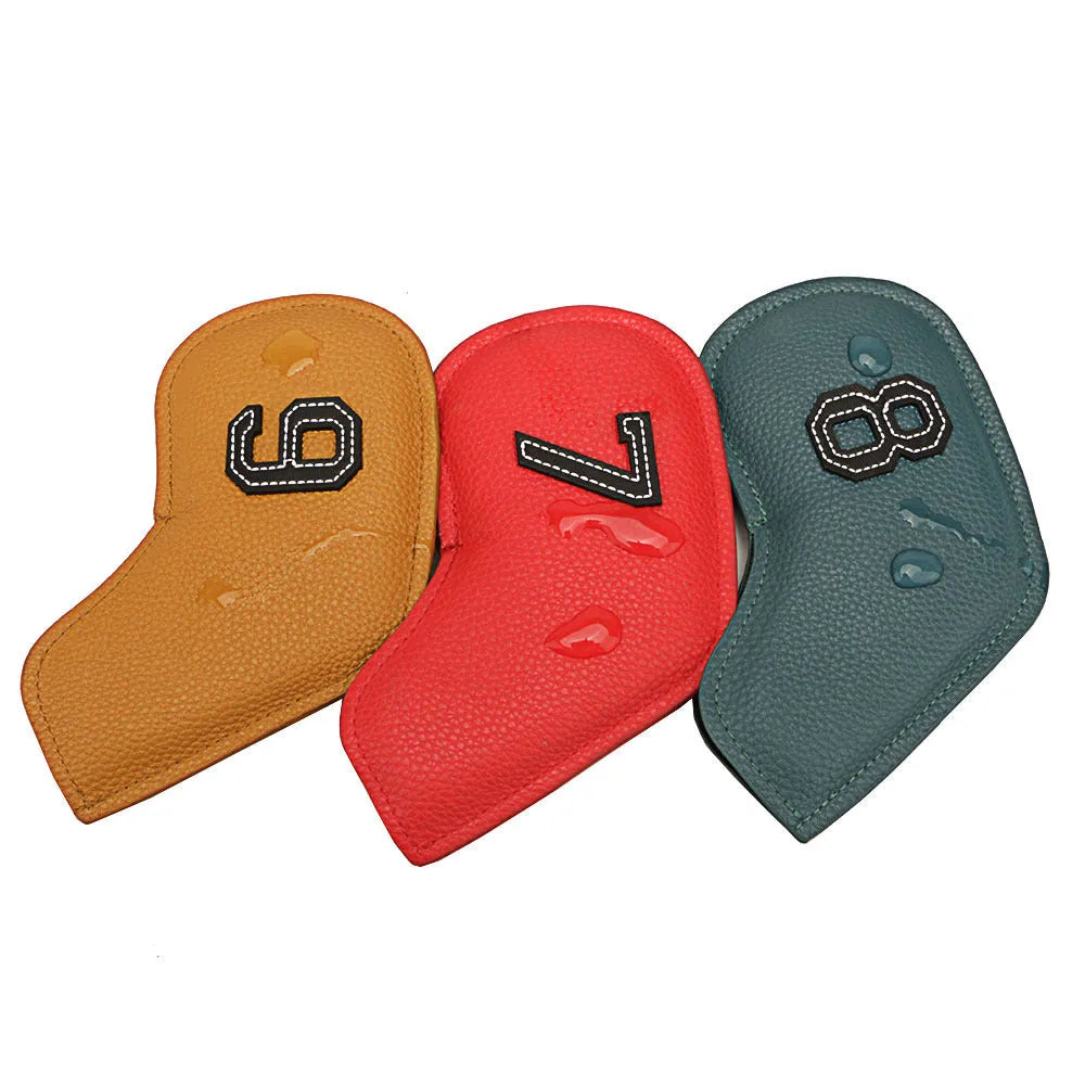 Set of ten colourful digitally printed golf club head covers for woods and irons.
