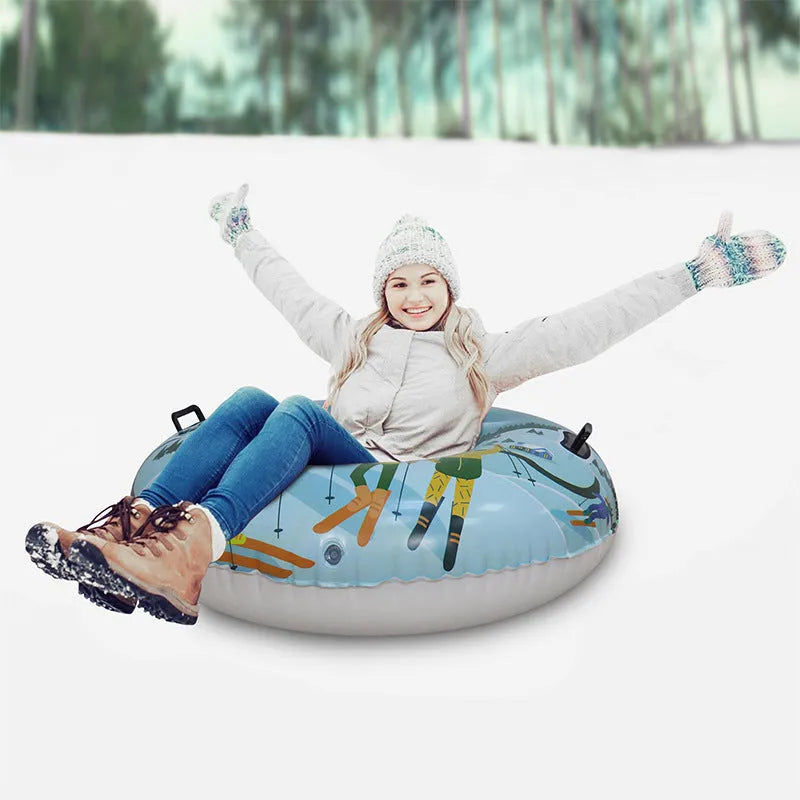 PVC ski ring toy for winter snow play in flame red, ice-snow blue, or snow mountain printed design.