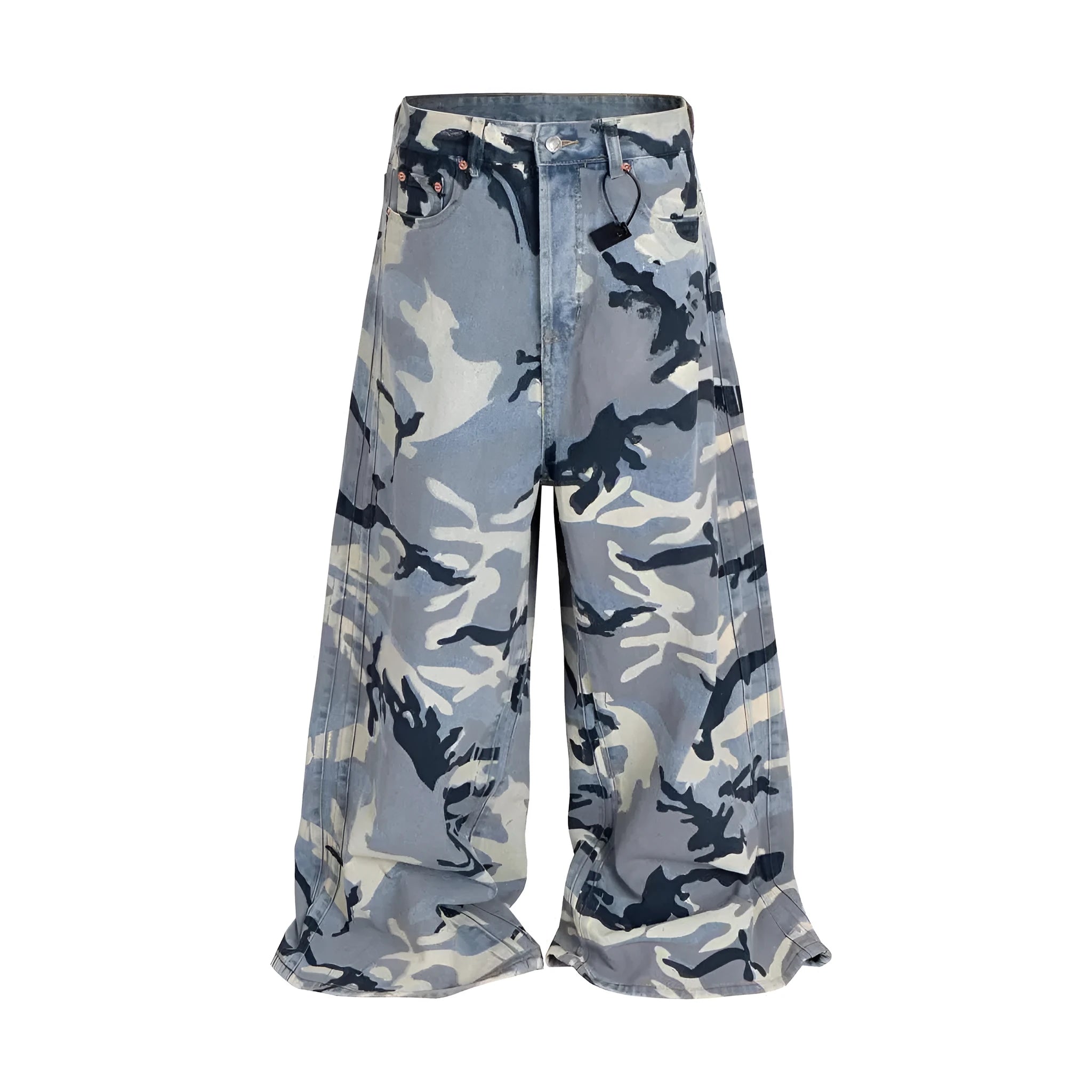 Man and woman modelling blue snow camouflage loose-fit stretch denim jeans.