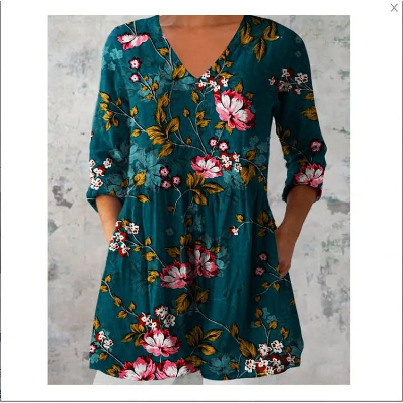 Women's wave pattern printed dress with 3/4 sleeves and loose fit