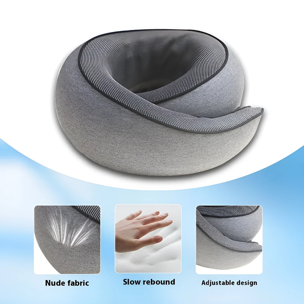 U-shaped memory foam travel neck pillow in light grey with storage bag
