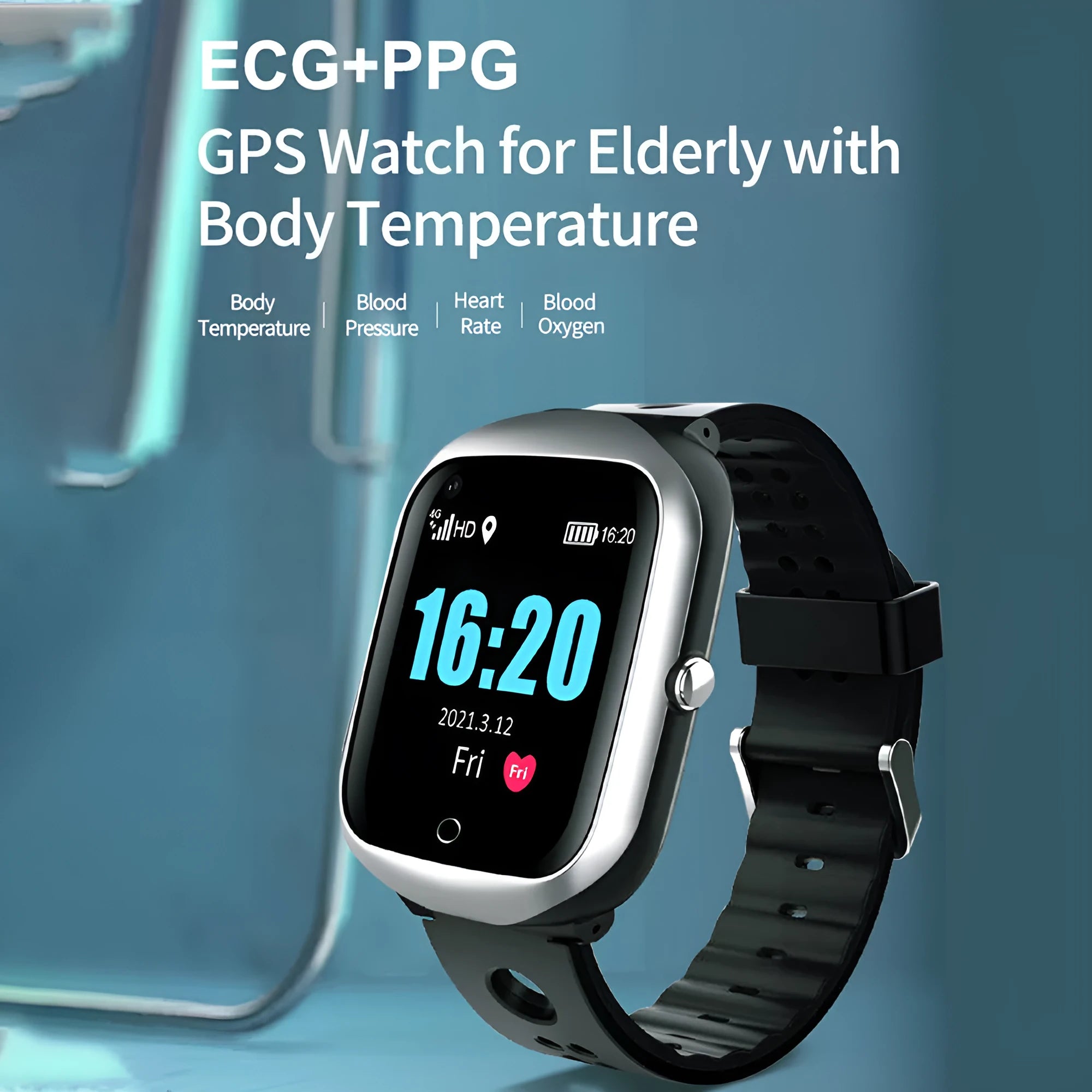 Square smartwatch for elderly with GPS tracking and SOS button in black, blue, or silver colour options
