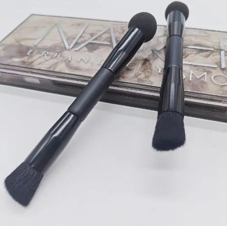 Elegant black double-headed miter sponge concealer brush with wooden handle and artificial fibre bristles