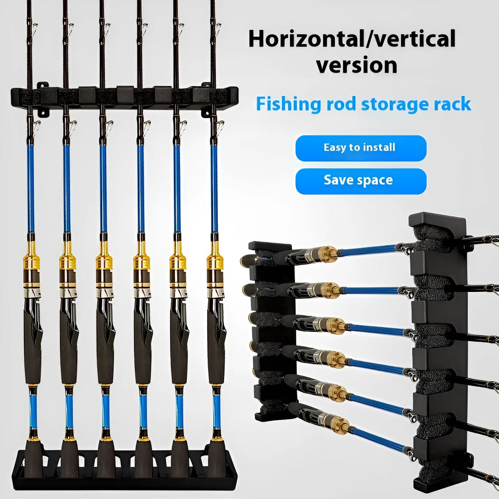 Black ABS plastic wall-mounted fishing rod holder showing horizontal and upright vertical mounting options