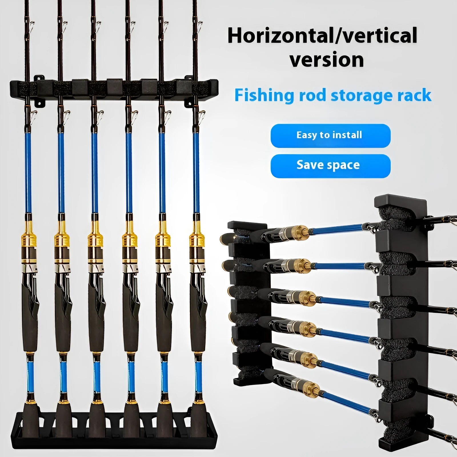 Black ABS plastic wall-mounted fishing rod holder showing horizontal and upright vertical mounting options