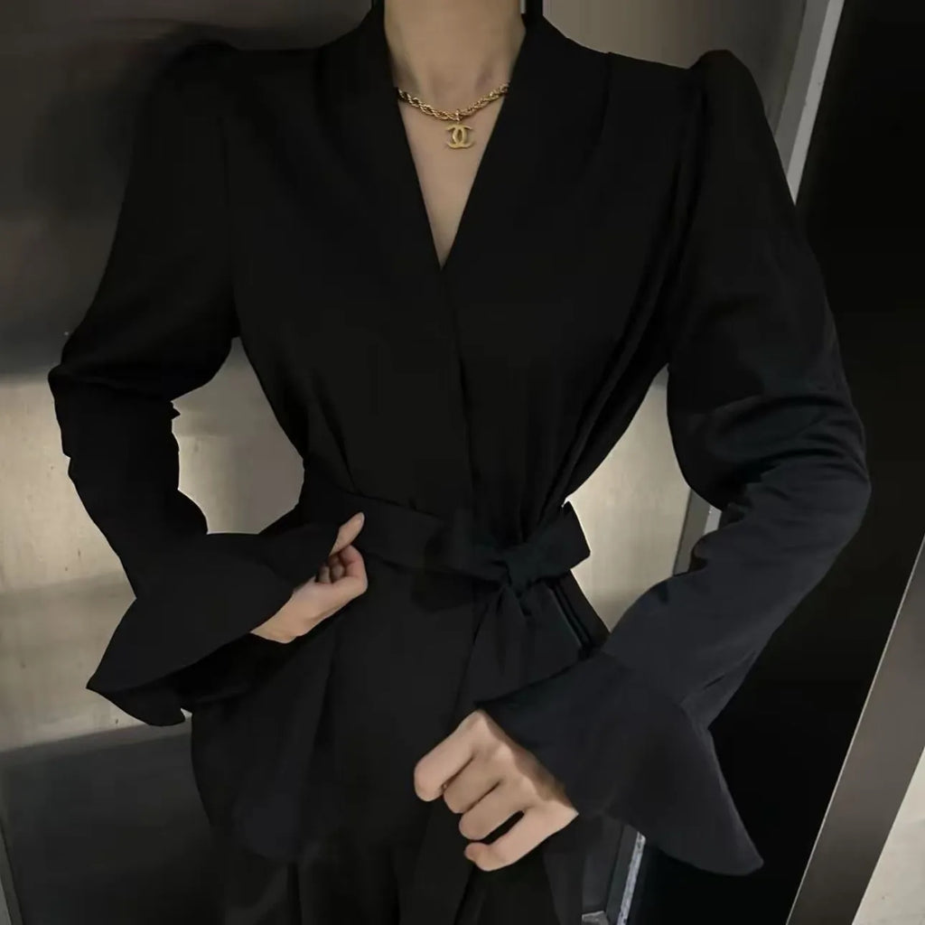 Women's French-style irregular collar long sleeve shirt with bell sleeves in wine red.