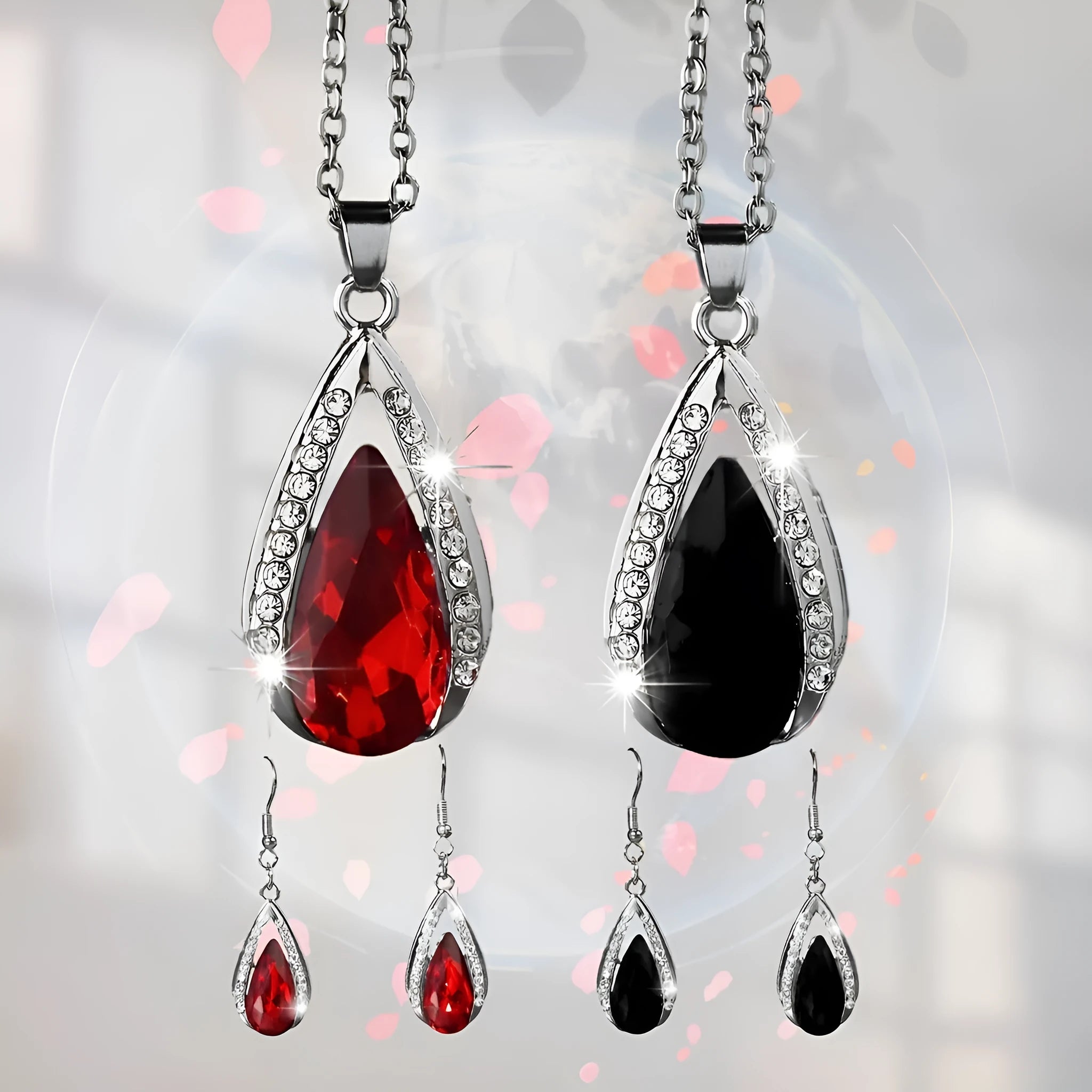 Alloy teardrop pendant necklace and earrings set in black or red colour options