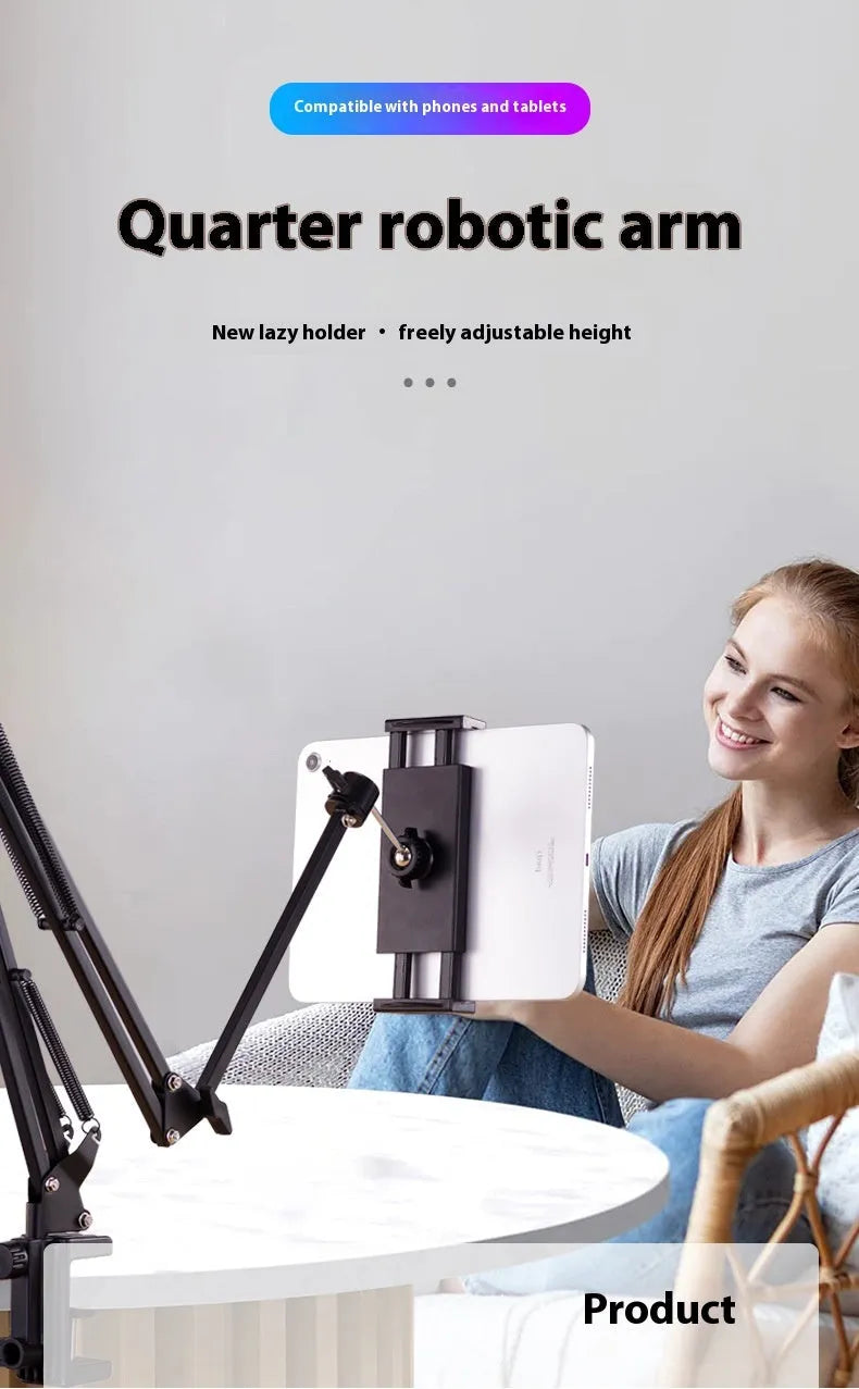 Black foldable metal tablet cantilever bracket with adjustable arm and clamp
